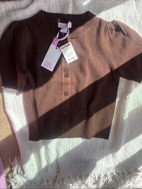 Paris Hilton Brown Short-Sleeve Button Cardigan